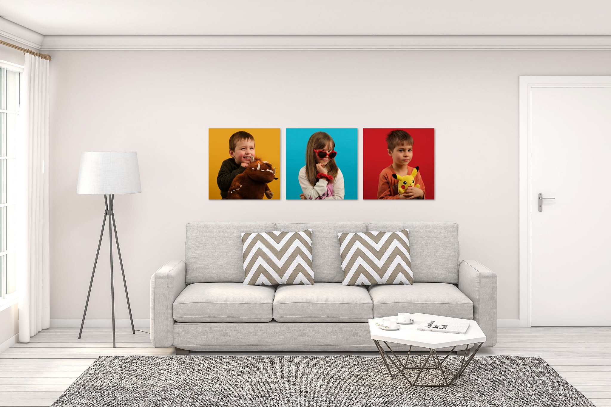A Vibrant Kaleid studio family portrait collection framed and mounted, displayed in a living room setting
