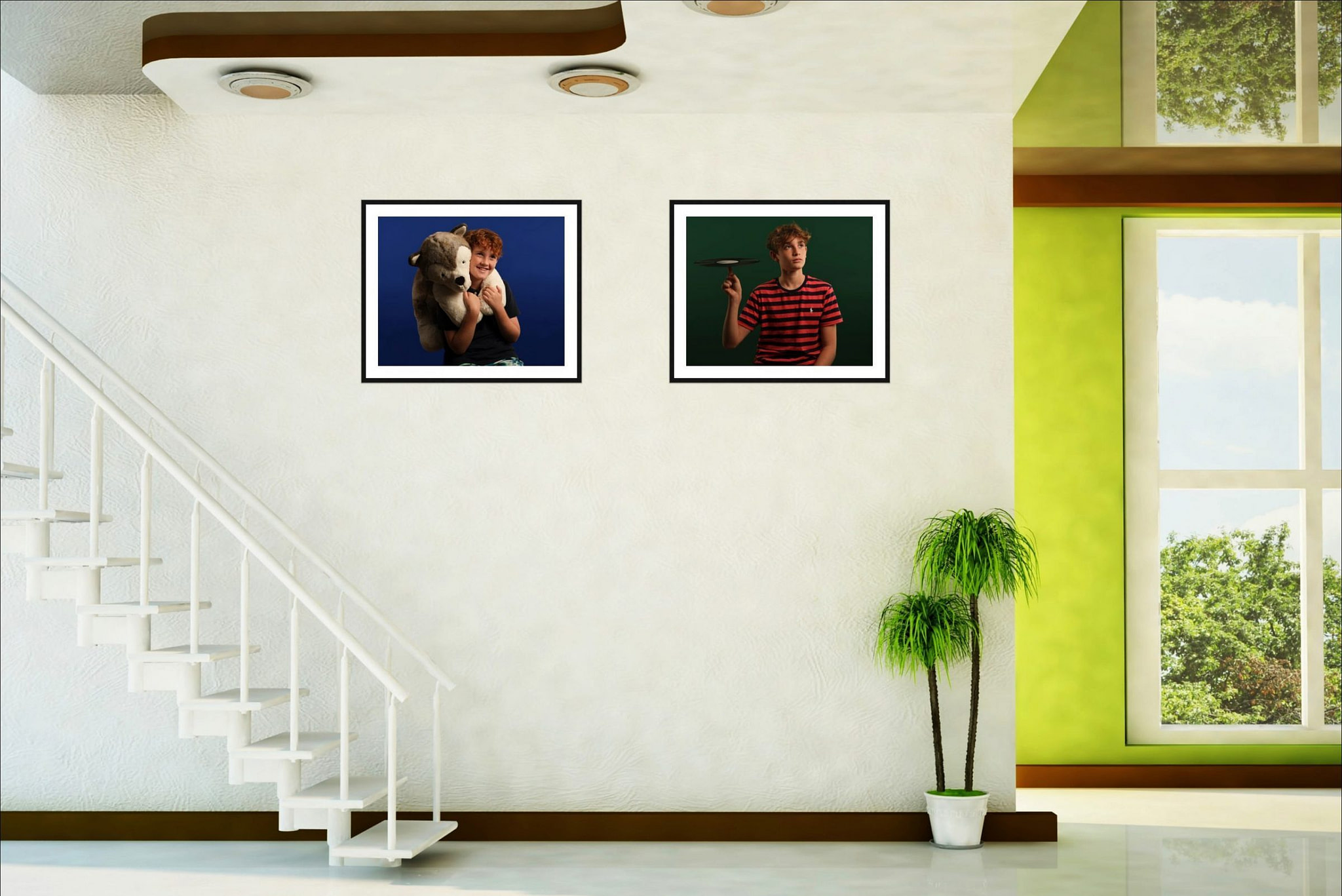 Sample room layout demonstrating two Kaleid.me colourful studio portrait photographs side-by-side, mounted on the wall with black frames